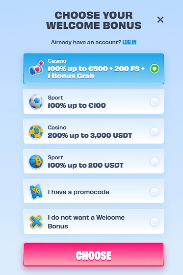 Choose your welcome bonus during registration