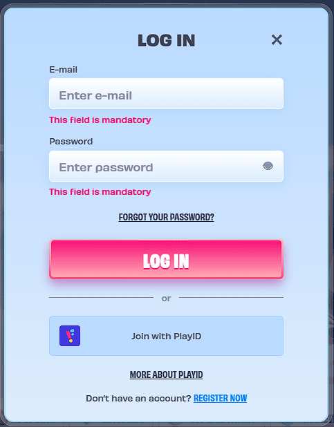 OnlySpins login screen showing email, password fields and LOG IN button